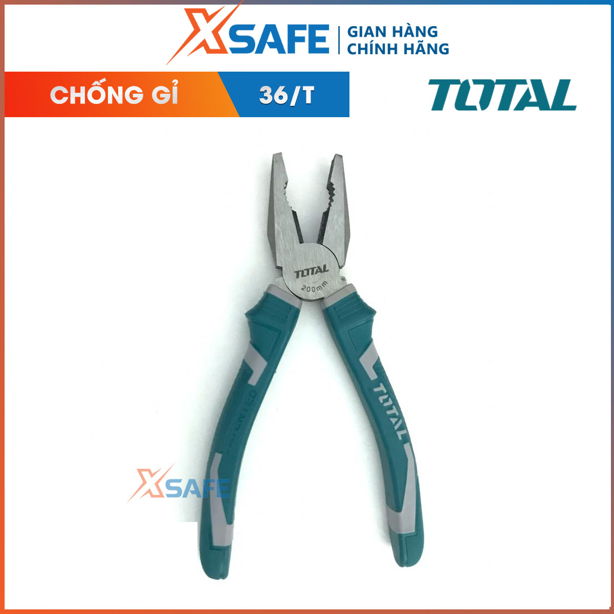 Kìm điện total tht110806p 36/t size: 8/200mm, đầu kềm răng đánh bóng và chống gỉ