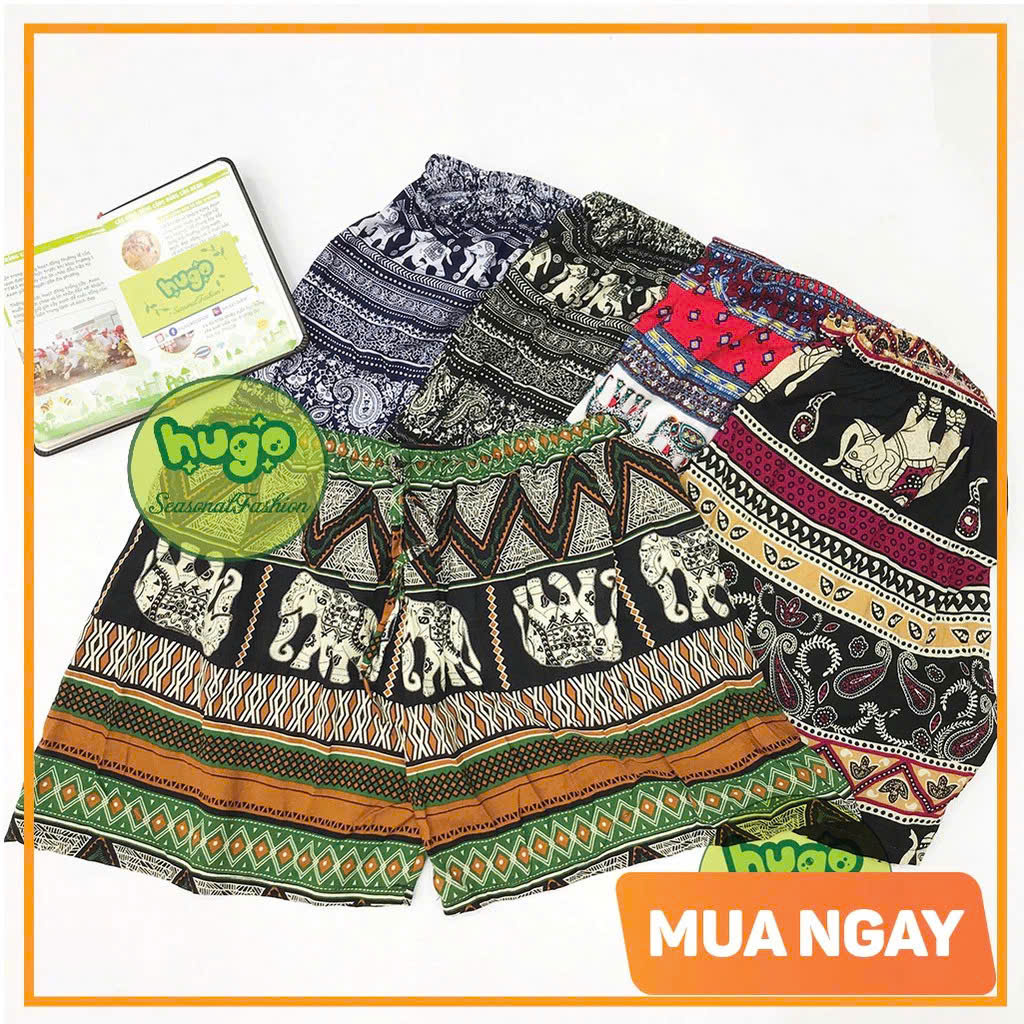 Quần đùi lanh nam nữ mặc nhà họa tiết thổ cẩm nhiều màu nổi bật phom to rộng thoải mái thấm mồ hôi Hugo Shop
