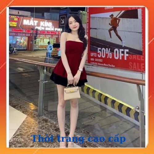 Sét đầm cúp ngực Nhung phối chân váy xòe đen_ Đầm đẹp diện phố
