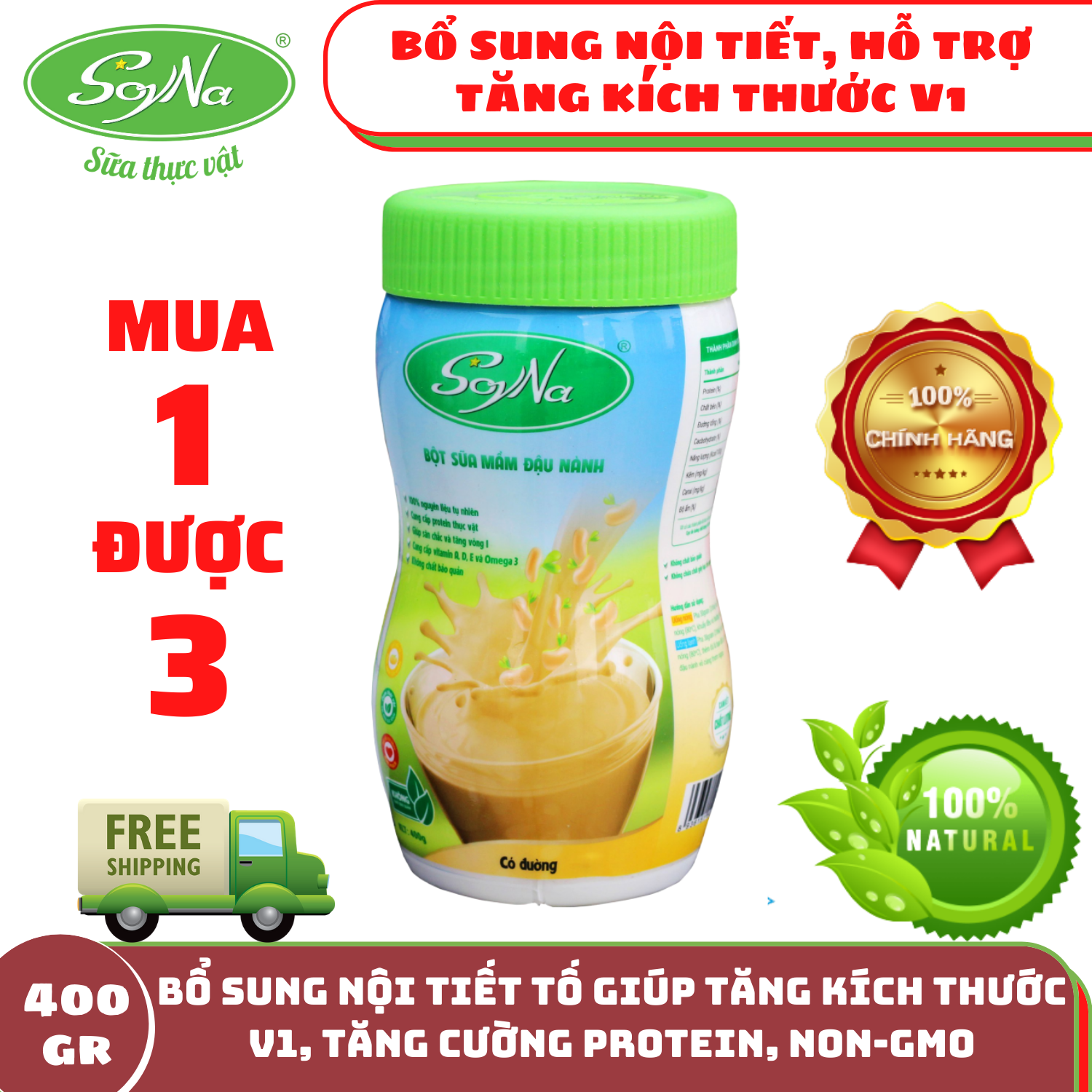 Sữa mầm đậu nành SoyNa có đường 400gr BSMDNCD02 bổ sung nội tiết tố, hô trợ giảm nám tàn nhang, chống khô hạn, da đẹp hơn, bổ sung protein, HÀNG CHÍNH HÃNG, NGUYÊN LIỆU 100% TỰ NHIÊN