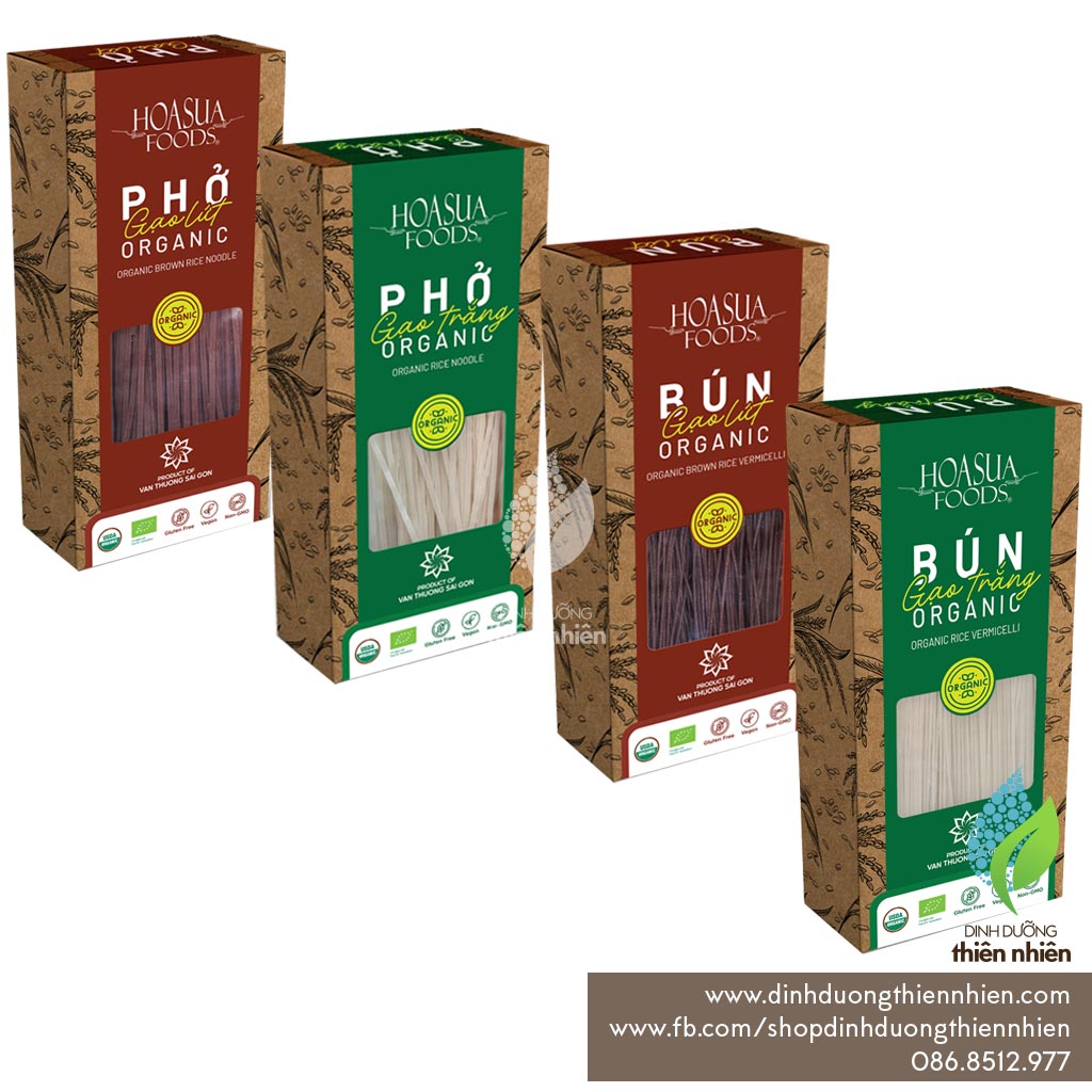 Bún gạo trắng, bún lứt, phở gạo trắng, phở gạo lứt hữu cơ hoa sữa foods organic brown rice noodles, 250g