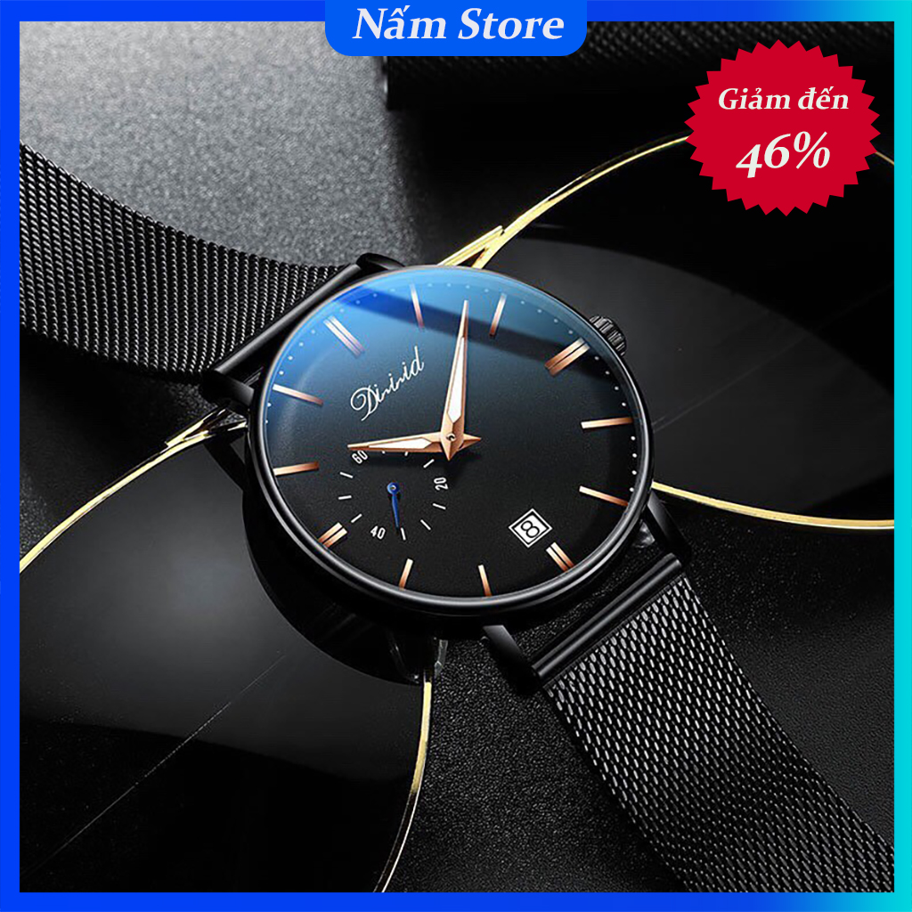 Đồng Hồ Nam DIZIZID A030 Dây Thép Lụa Đen Cao Cấp Thời Trang Thiết Kế Sang Trọng Lịch Lãm Chạy 2 Kim và Lịch Ngày