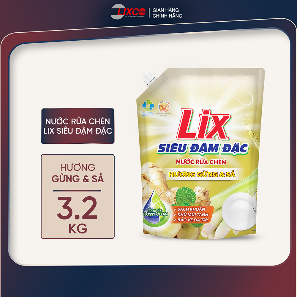 Nước rửa chén LIX siêu đậm đặc các hương loại túi 3.2KG làm sạch vết bẩn dầu mỡ không hại da tay, Lixco Việt Nam