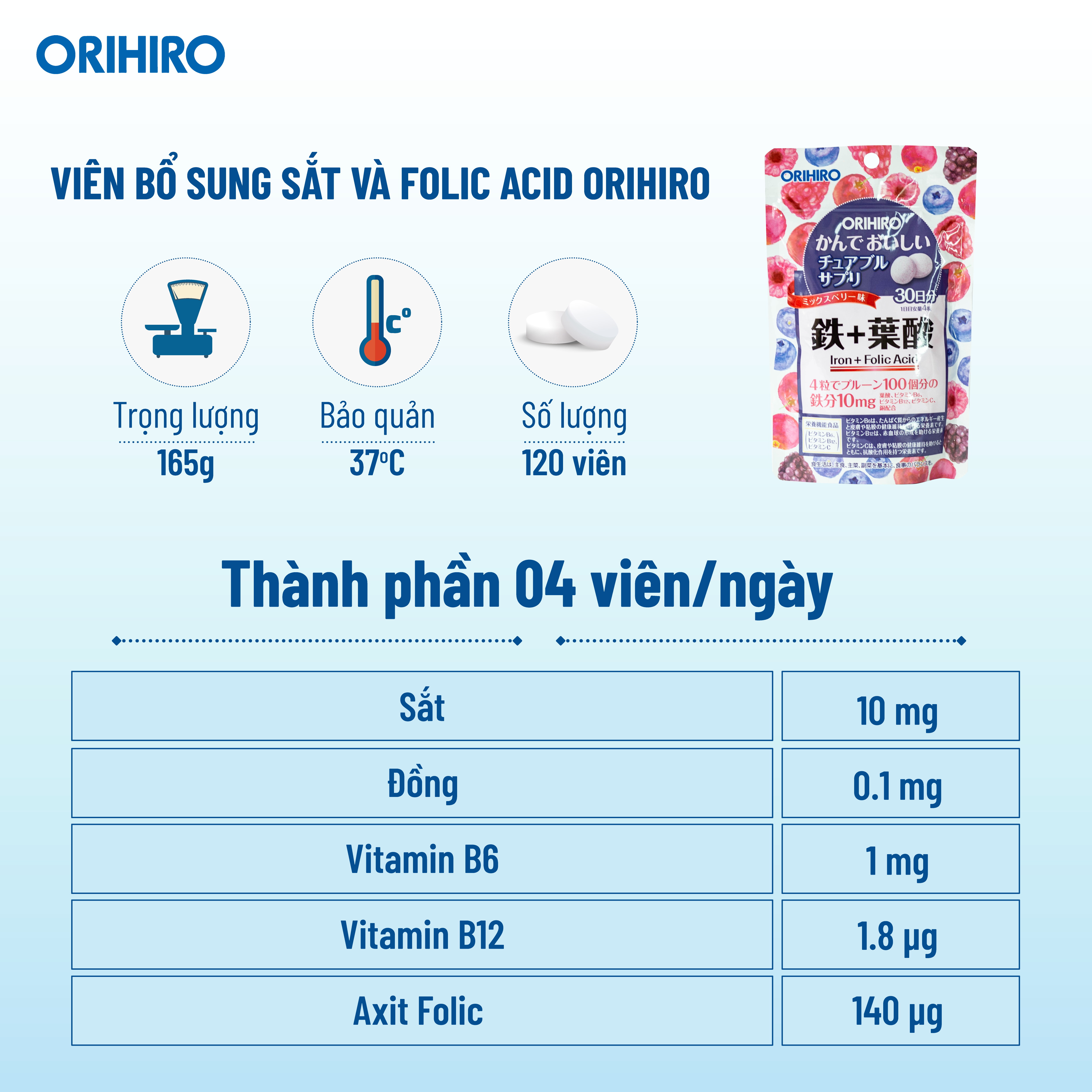 Viên Uống Orihiro Bổ Sung Sắt Và Acid Folic Dạng Túi 120