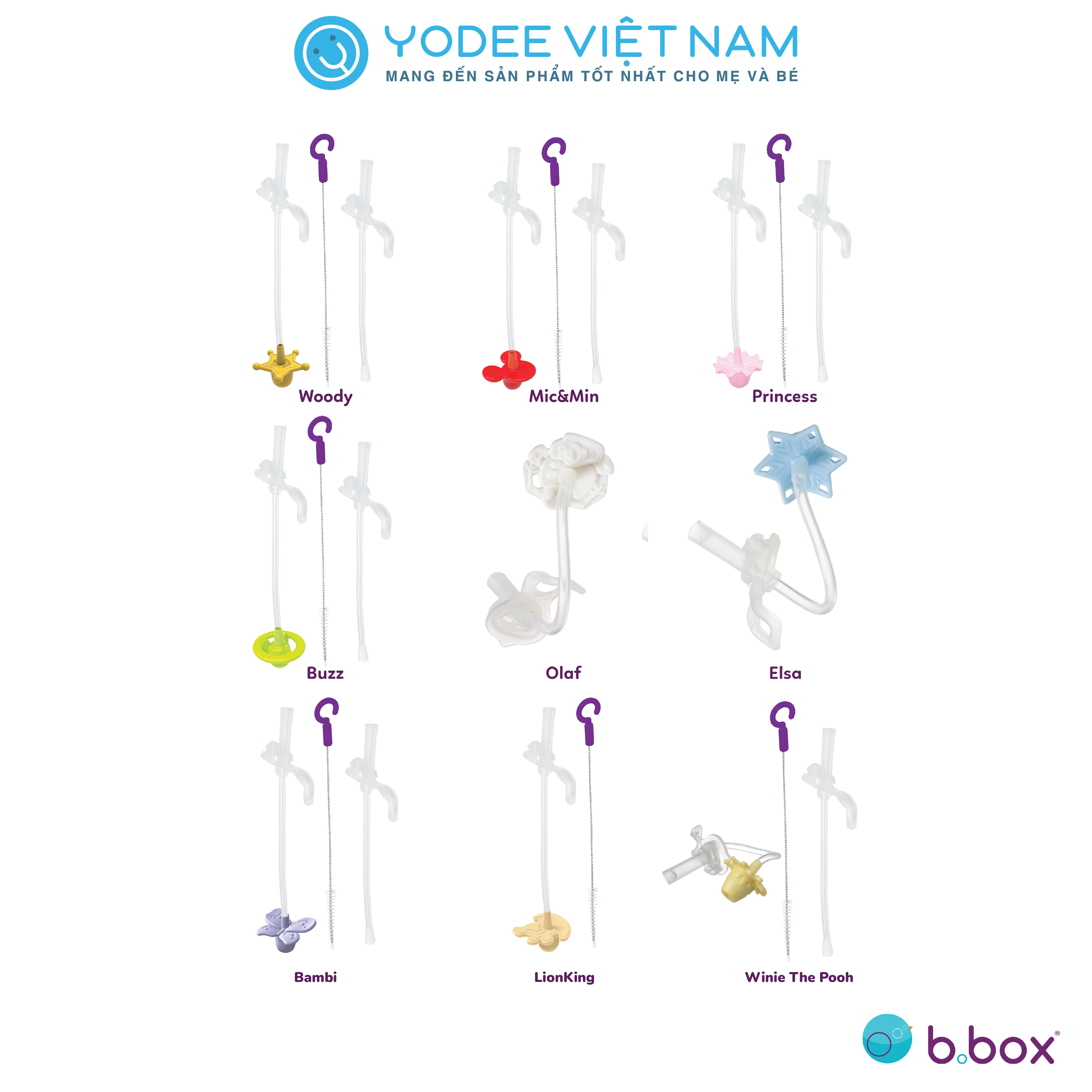 b.box Disney Bộ ống hút thay thế và dụng cụ vệ sinh tiện dụng cho bình nước 360 dộ