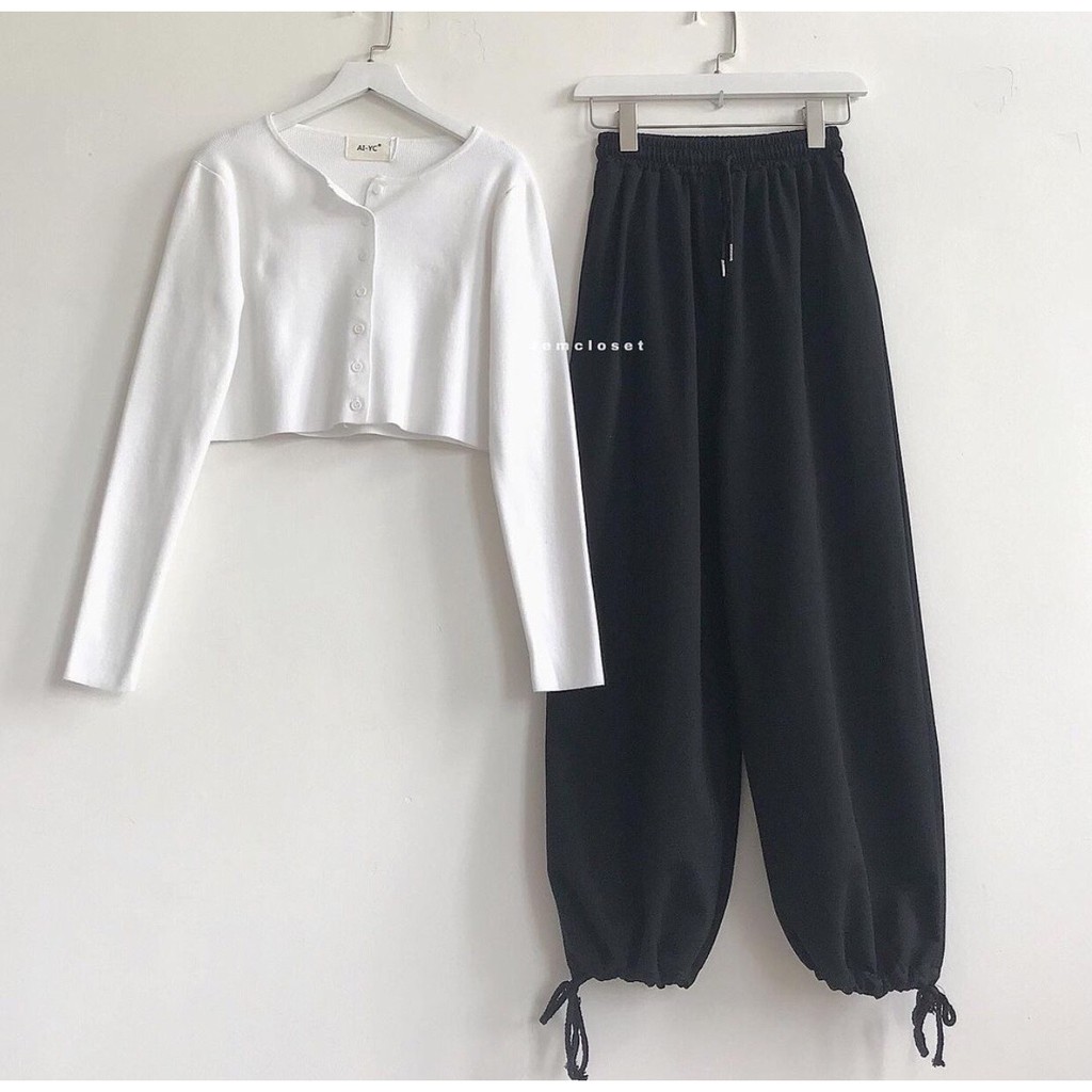 Set quần jogger rút dây + croptop gân tay dài