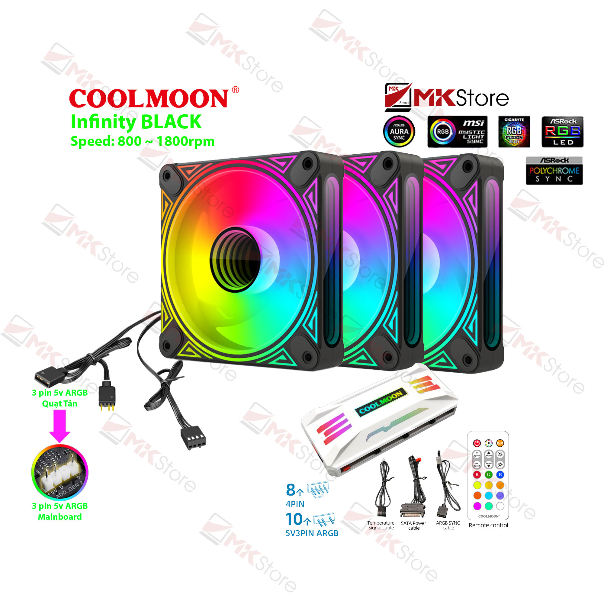 COMBO 3 Quạt case Coolmoon ARGB DM1 Black + bộ HUB remote Fan Infinity