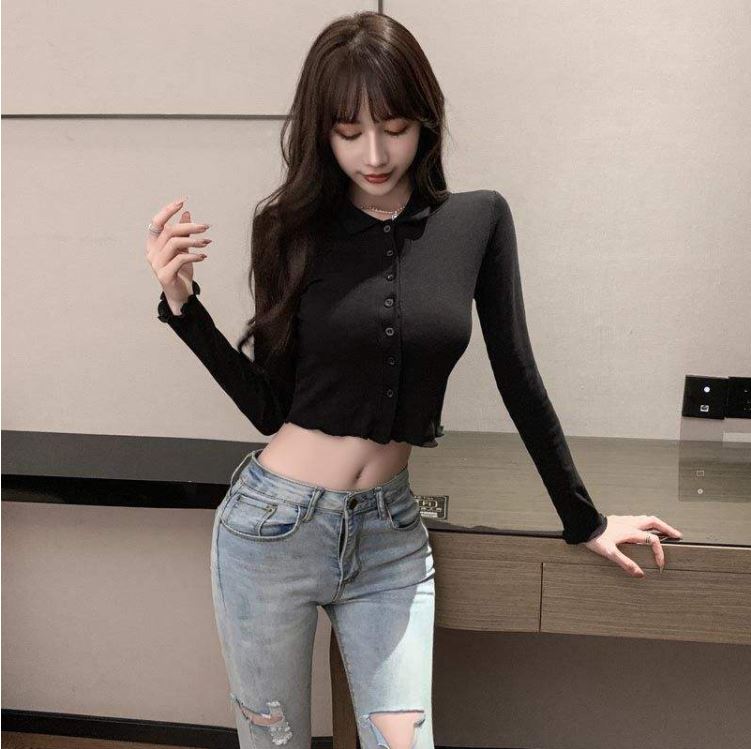 Áo Crotop dài tay có cúc cổ sơ mi