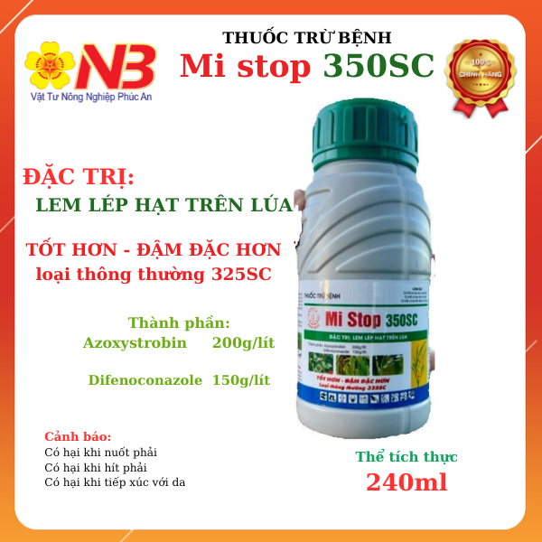 Giao ngẫu nhiên Thuốc trừ bệnh Mi Stop 350SC 240ml BMC Hoặc Phúc Thịnh (Azoxystrobin 200g/l+Difenoconazole 150g/l) Trừ đạo ôn, lem lép hạt trên lúa- VTNN Năm Bưu