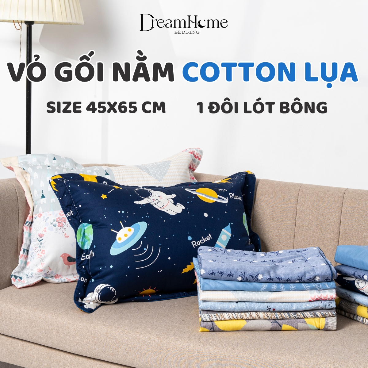 Vỏ gối nằm COTTON LỤA cao cấp 45x65 (1đôi) DREAMHOME, vỏ gối trần bông mỏng đẹp mát, có khóa kéo tiện lợi