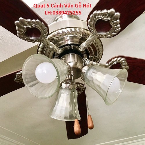 Quạt trần trang trí 5 cánh 3 chóa - Cánh vân gỗ sang trọng