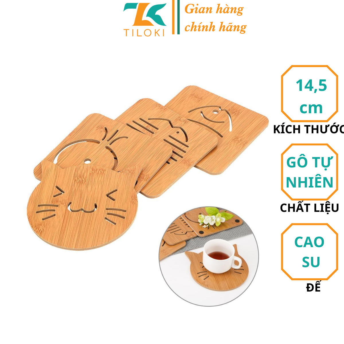 Đế lót cốc chén bằng gỗ đế cao su cao cấp dày 0.7cm kích thước 14,5x14,5cm