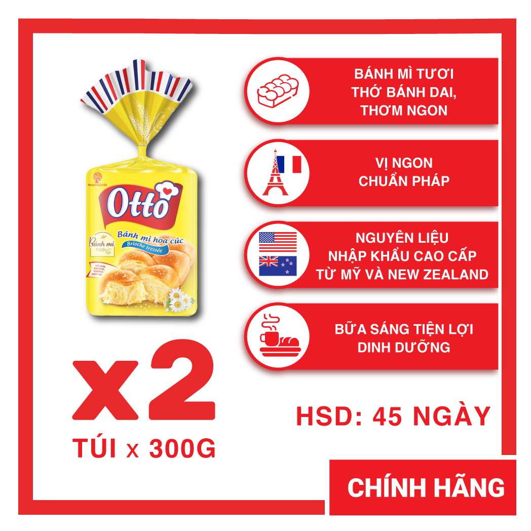Combo 2 Bịch Bánh mì Hoa Cúc Otto - Otto Brioche Tressée 300g | Bánh ăn sáng tiện lợi giàu dinh dưỡng | Bánh mì tươi | Đồ ăn vặt