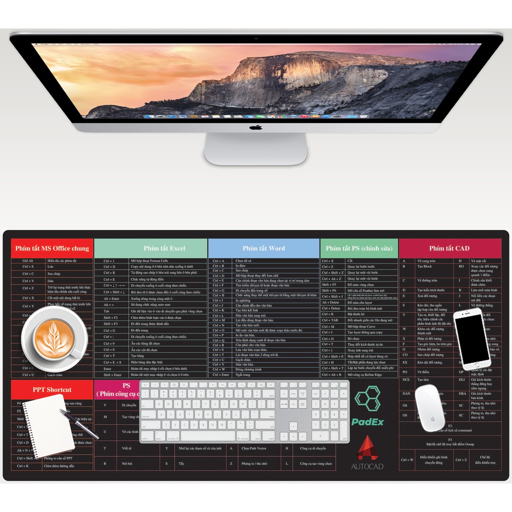 { SALE 50% + Freeship } Miếng Lót Chuột In Phím Tắt Excel, MS-Office, Photoshop, Autocad, Pad MOUSE Lót Chuột Chơi Game Ngoại Cỡ, Làm Việc Trượt Chống Nước Cho Văn Phòng kích Thước 30 X 80CM.