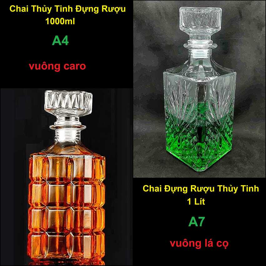 Vỏ Chai Đựng Rượu 1 lít (combo 2 cái) vuông caro và vuông lá cọ - Chai Thủy Tinh Đựng Rượu Đẹp - Bộ Bình Đựng Rượu (A4,A7)