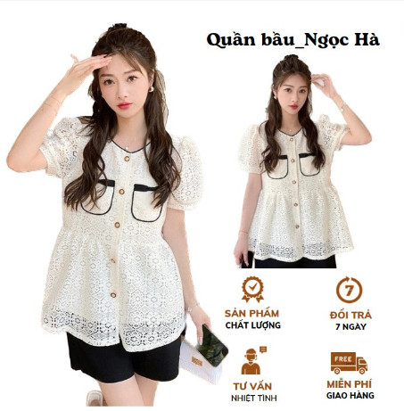 Áo bầu sơ mi ren mùa hè dáng babydoll sang chảnh