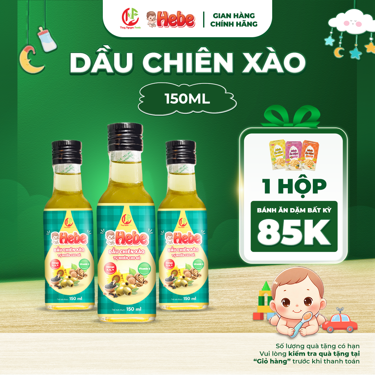 [QUÀ] Dầu Chiên Xào HEBE - chịu nhiệt trên 200°, chiết xuất từ hạt tự nhiên, cho bé ăn dặm - chai thủy tinh 150ml