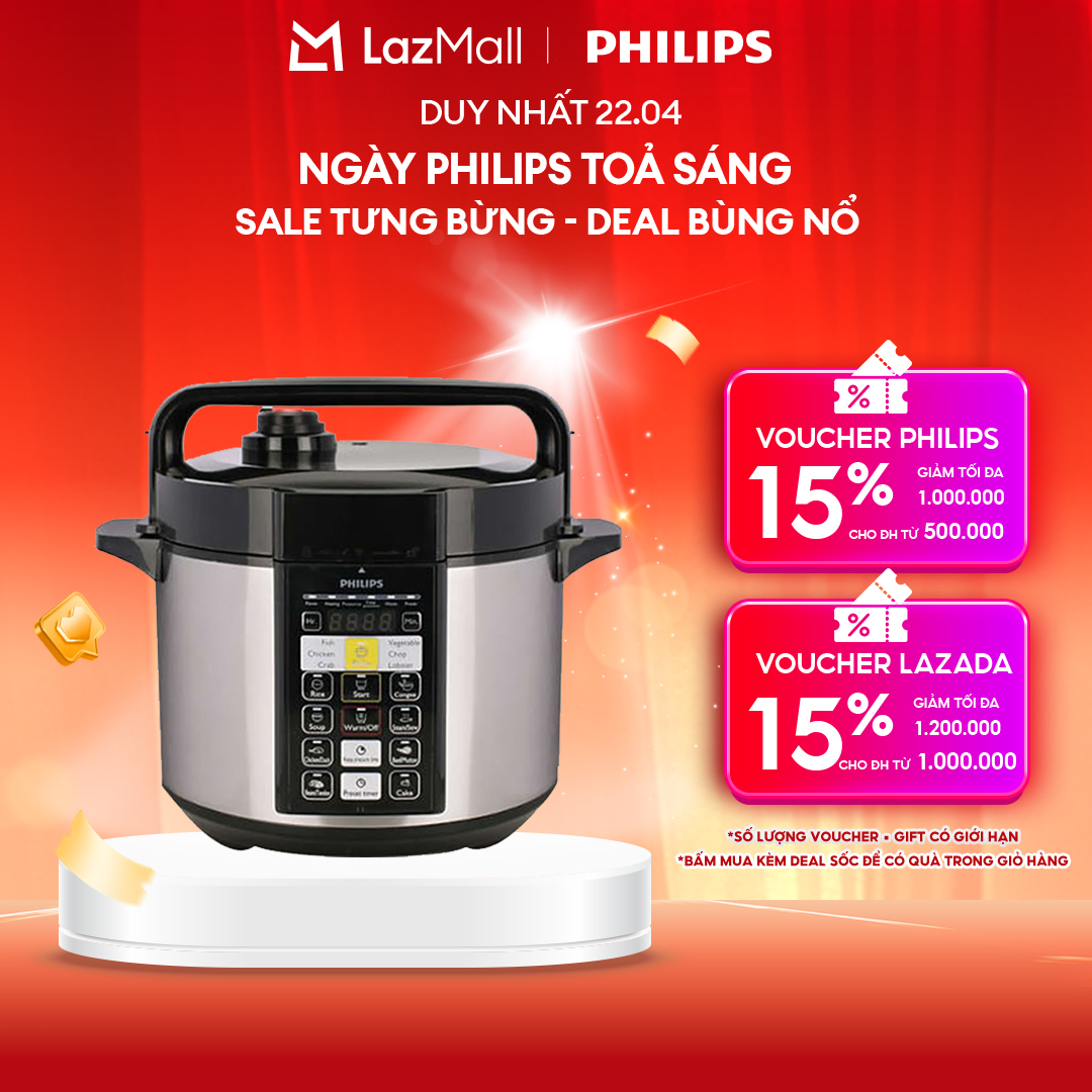 [NGÀY THƯƠNG HIỆU TỎA SÁNG DUY NHẤT 22.04] Nồi Áp Suất Điện Tử Philips HD2136/66, 5 Lít-Ngon Hơn, Tốn Ít Thời Gian Hơn-Lòng Nồi Hợp Kim Nhôm Bền Giúp Dẫn Nhiệt Hiệu Quả Hơn.-Hàng Phân Phối Chính Hãng