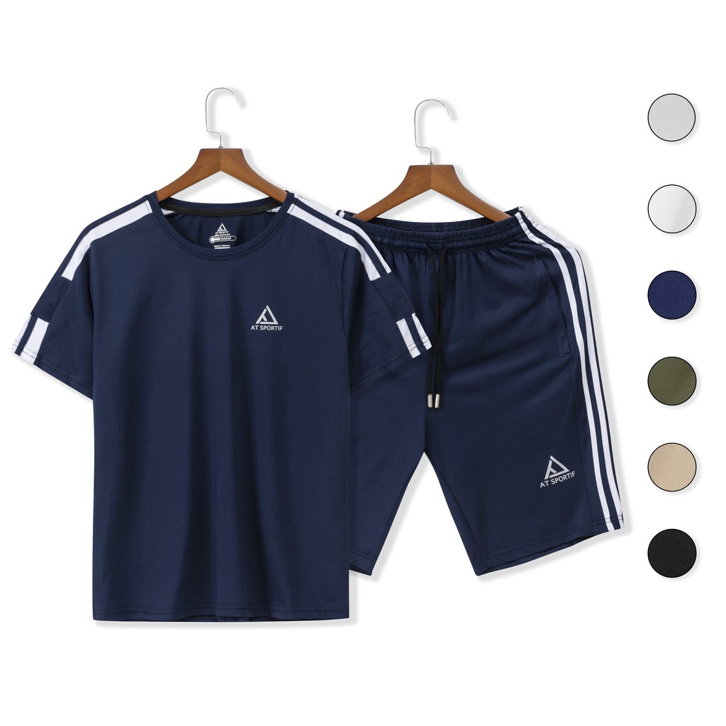 Bộ đồ nam - Đồ bộ thể thao AT Sport Phối 3 Sọc Vai Q515 cao cấp - Chất liệu Cotton 100% - Phong cách thời trang - 6 màu đen ghi Be Than Rêu trắng- Có bigsize tới 85kg
