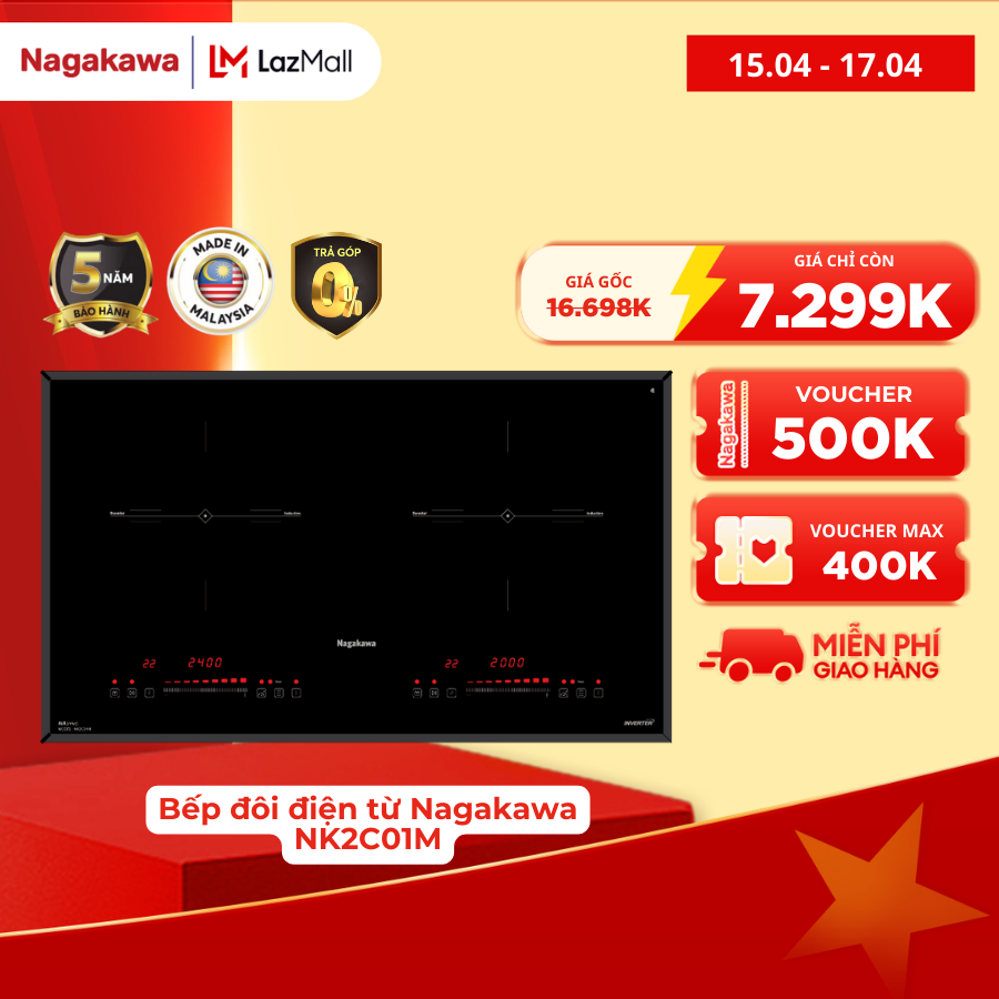 [Miễn phí vận chuyển] Bếp điện từ đôi cao cấp Nagakawa NAG1202M, công nghệ inverter, công suất cực đại 2400W, 9 tính năng kèm theo - bảo hành 5 năm - made in Malaysia