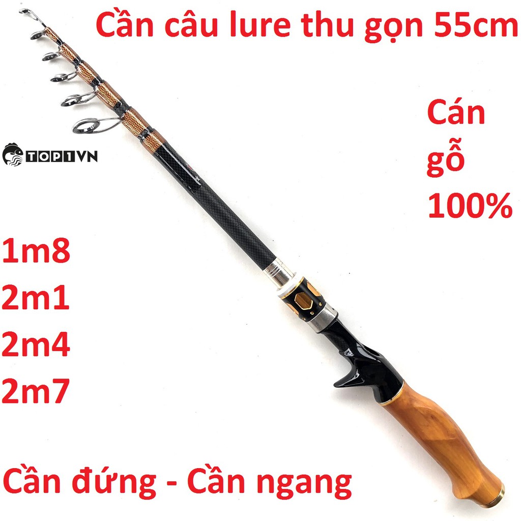 Cần câu lure rút gọn 55cm cán gỗ thật 100%. Kích thước chính xác là: 2m1 đứng