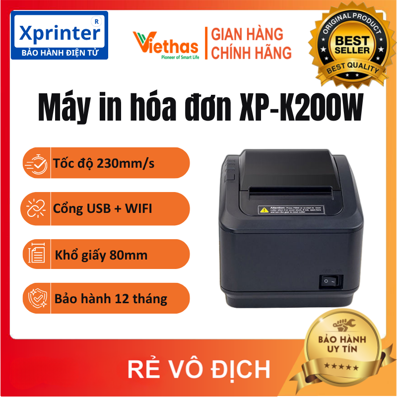 Máy in xprinter xp-k200w mới wifi dùng cho điện thoại +tặng kèm 5 cuộn giấy k80