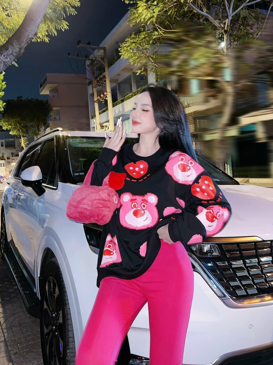 Set bộ đồ nữ áo thun hồng gấu kèm quần legging dài ấm áp, Set đồ nữ áo dâu kèm gấu cổ trò tay dài phối quần legging dễ thương, Set đồ áo dài tay thêu gấu kèm quần dài legging MTB