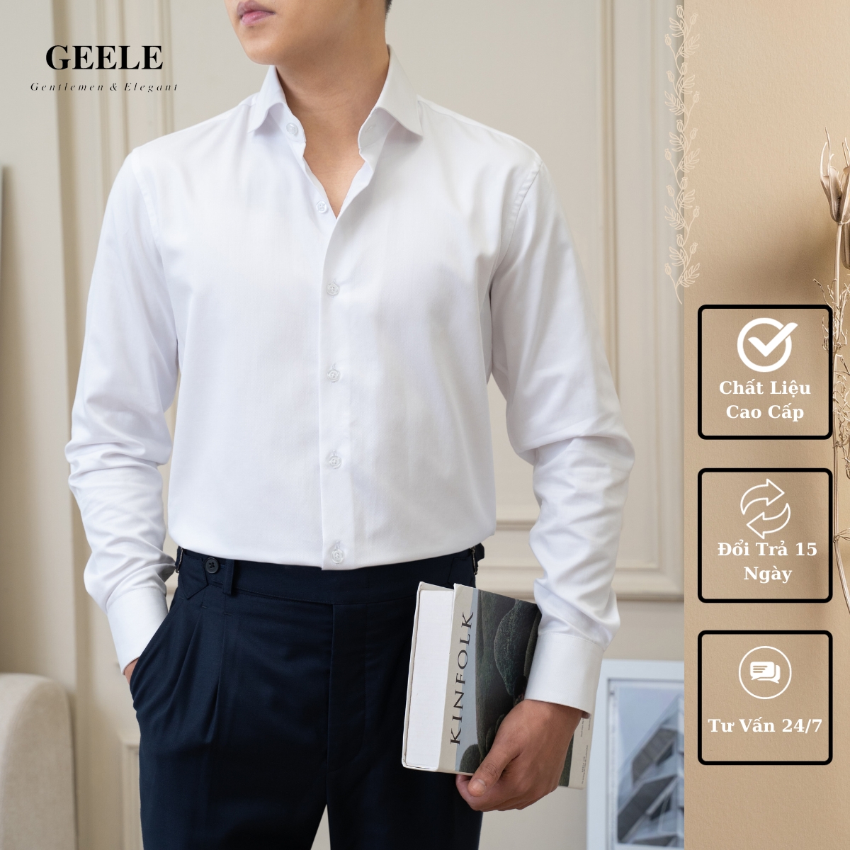 Áo sơ mi trắng nam dài tay geele cổ cutaway form regular fit sm01