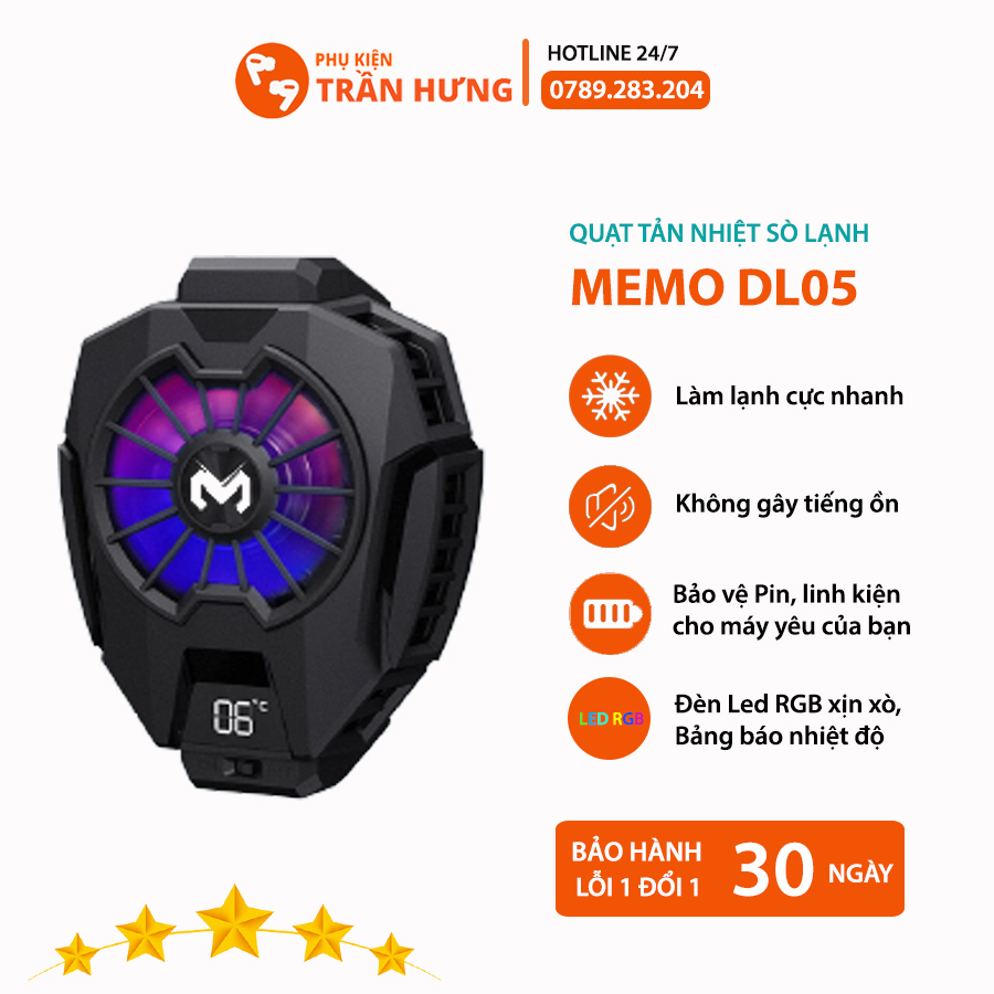 Memo dl05 | quạt tản nhiệt sò lạnh cho điện thoại memo dl05 trang bị màn hình led hiển thị nhiệt độ, quạt led rgb