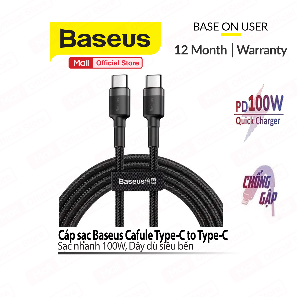 Cáp sạc nhanh pd100w type-c sang type-c baseus cafule dây nylon dù siêu bền dài 100cm/200cm cho android