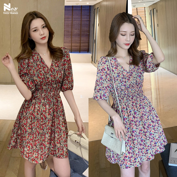 Đầm voan hoa nhí cổ v - new thoi trang
