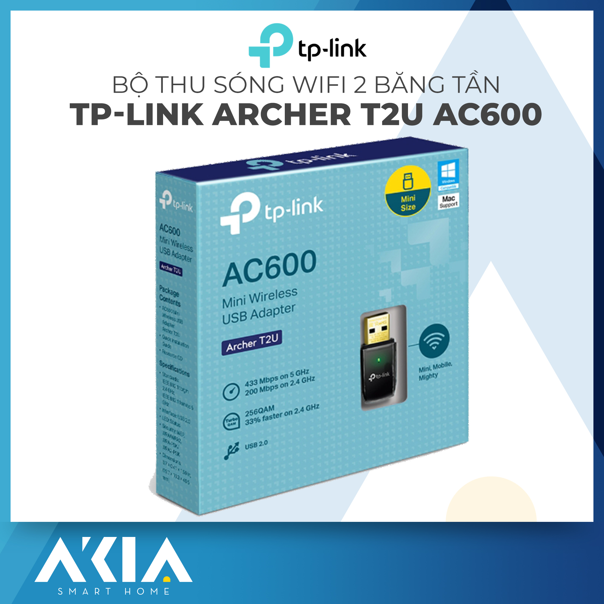 Bộ Thu Sóng Wifi Bằng USB TP-Link Archer T2U v3 Băng Tần Kép AC600 - Dùng cho máy tính Windows và Mac, Cắm và sử dụng không cần Driver