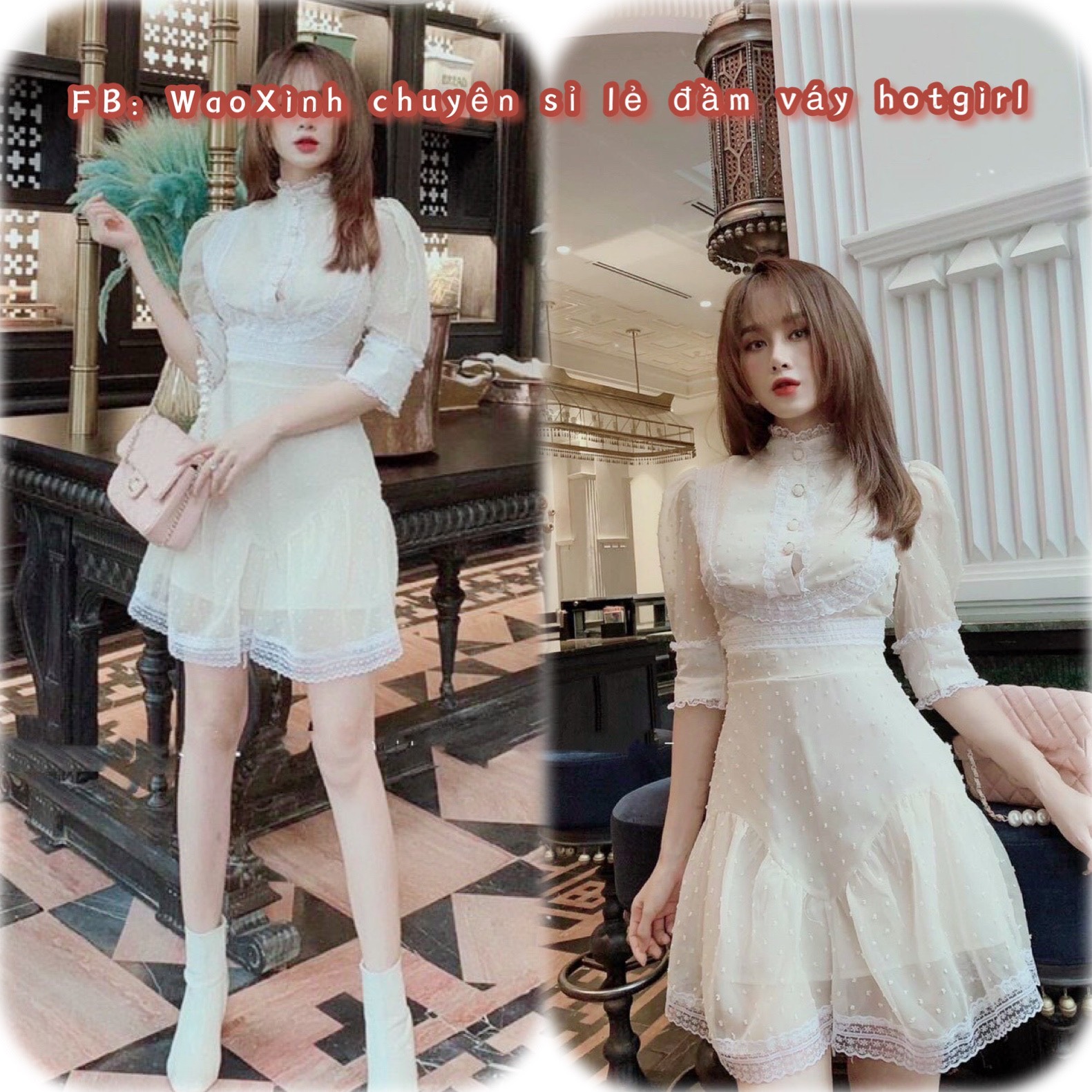 [HCM]Đầm Váy Xoè Nút Gỗ Tay Lỡ Ren Bi Màu Da Dự Tiệc Xinh Sang Chảnh