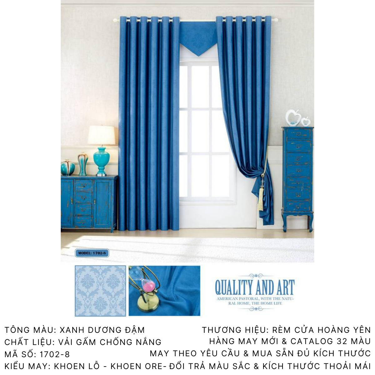Rèm Màn Cửa Chính Hoàng Yên may sẵn - Tông màu xanh - Đủ kích thước - Vải Gấm Chống Nắng dày - Quà tặng dây vén rèm & khoen ore dự phòng- Kiểu Khoen Lỗ Cao Cấp R1-22 - Vải dày, rủ bền & đẹp [Có may theo kích thước]