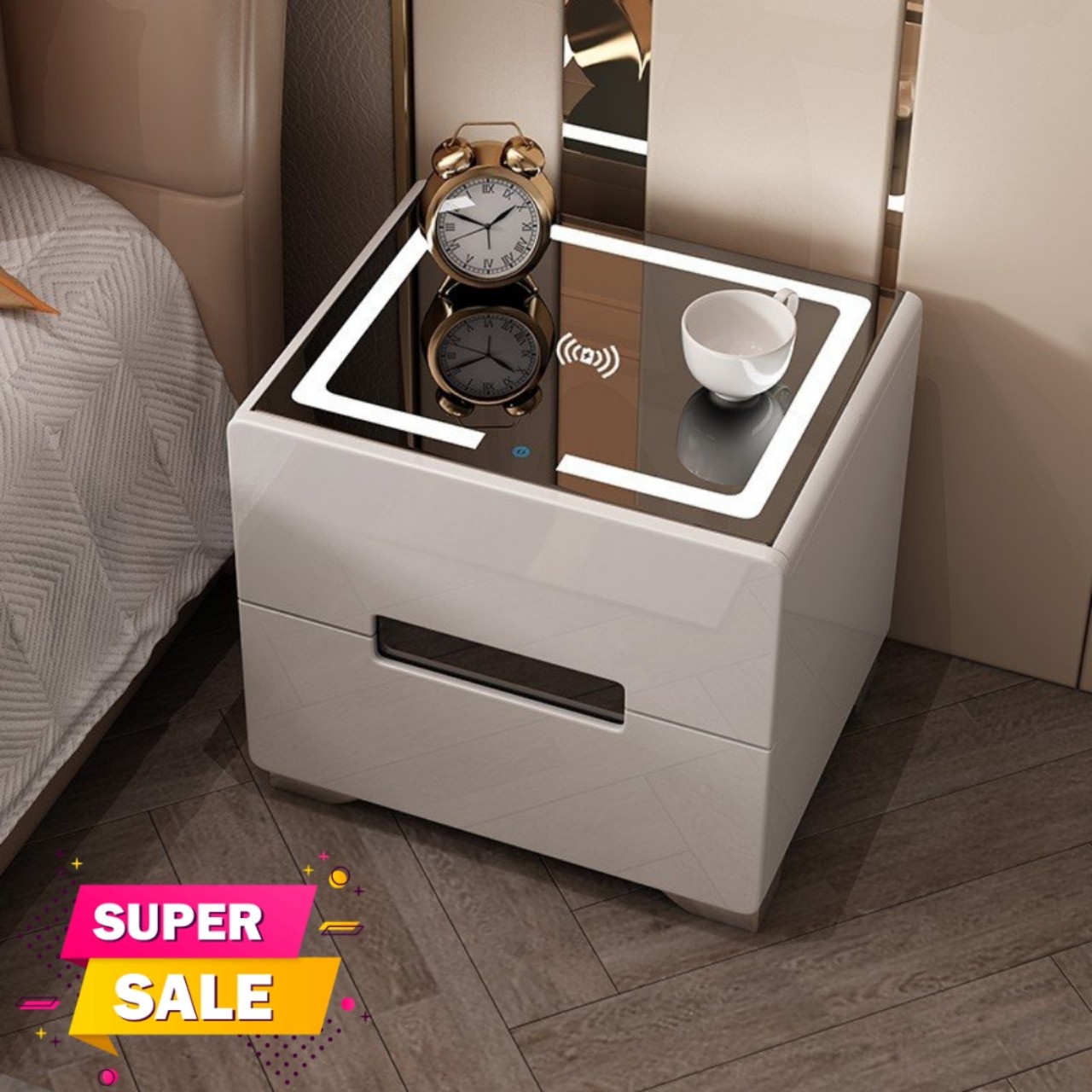 Tủ Đầu Giường, Tab Đầu Giường Có Đèn Led, Sạc Điện Thoại Không Dây Thông Minh Thế Hệ Mới