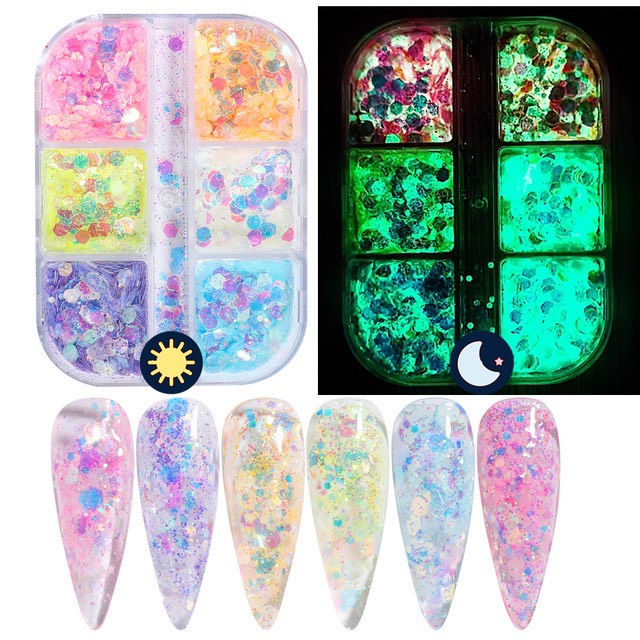 Set 6 màu kim tuyến nhũ dạ quang trang trí Nail, set nhũ vảy cá dặm neon, set kim tuyến dạ quang trang trí móng tay