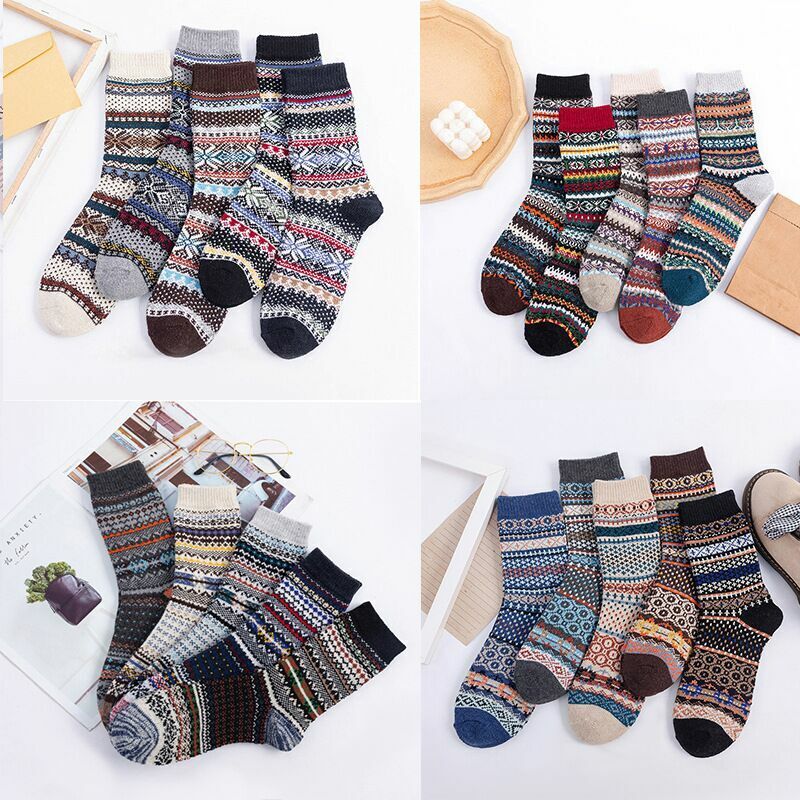 Combo 5 đôi vớ/tất len nam nữ cổ cao thời trang, phong cách vintage, họa tiết thổ cẩm, sọc ngang