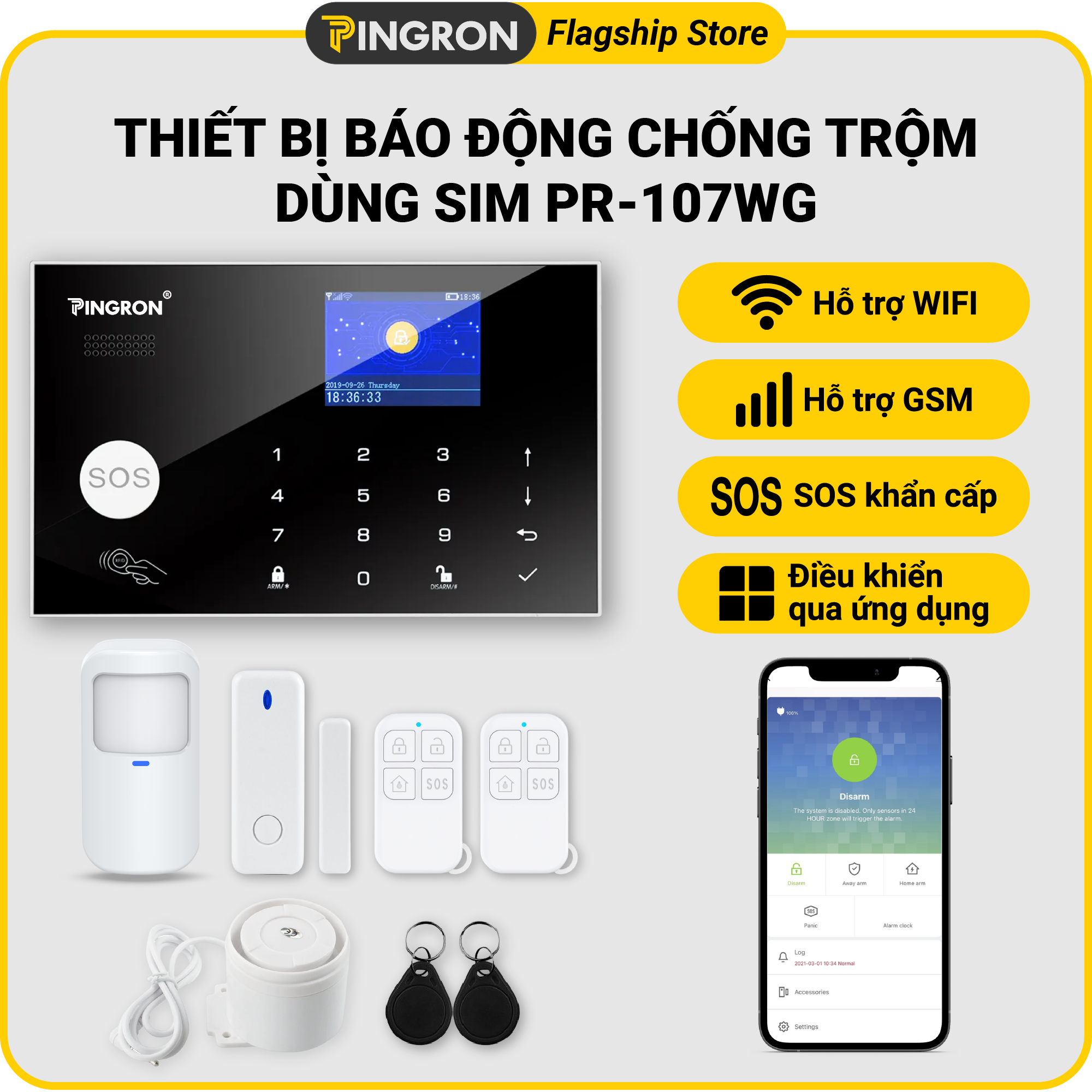 Thiết bị chống trộm dùng sim chuông báo động chống trộm PINGRON PR-107WG - Báo động qua điện thoại và có hỗ trợ wifi, điều khiển trên ứng dụng