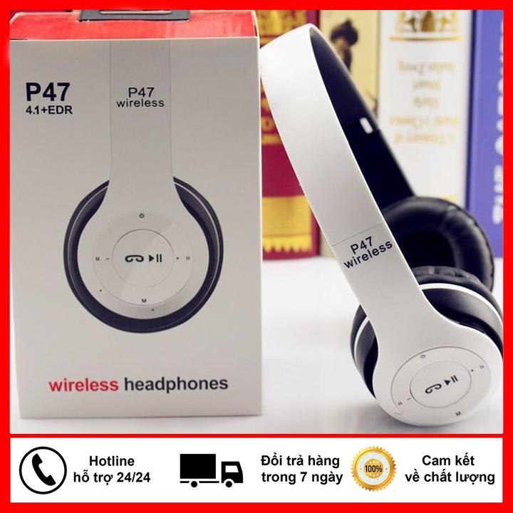 Tai nghe Bluetooth chụp tai P47 hỗ trợ thẻ nhớ SD có cap kết nối 2 đầu 3.5mm âm thanh chất lượng có mic