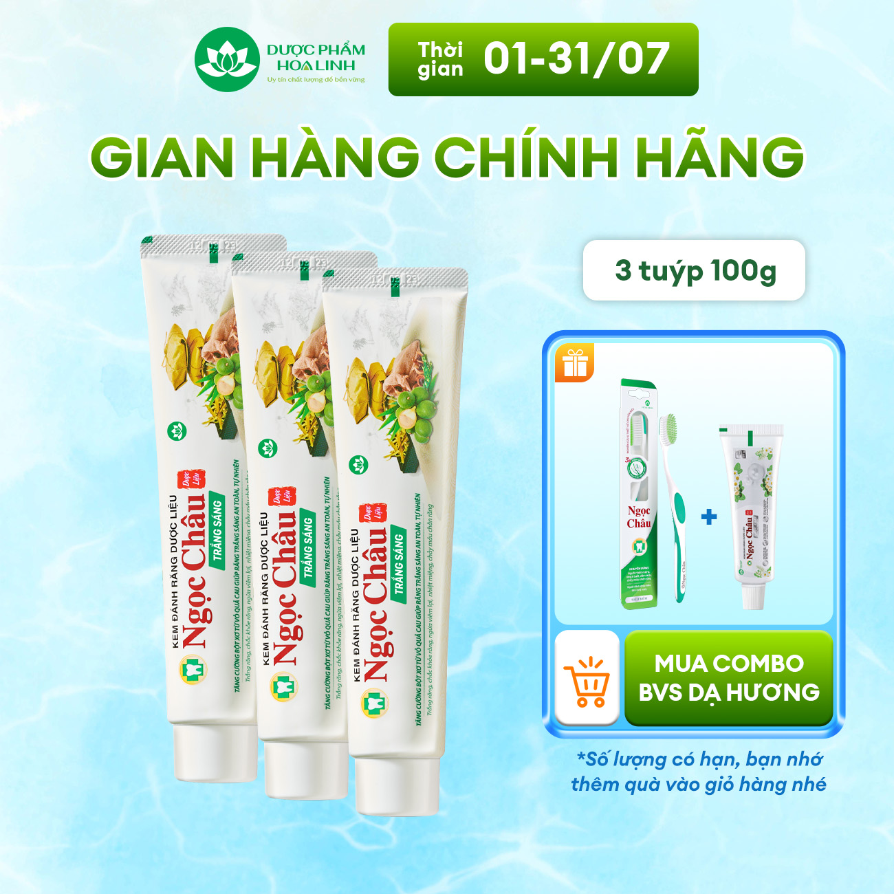 Combo 3 Kem Đánh Răng Dược Liệu Ngọc Châu Trắng Sáng 100g