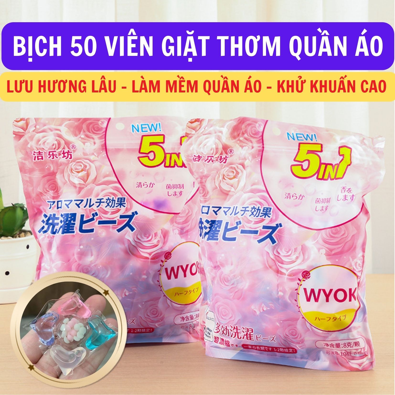 TÚI 50 VIÊN GIẶT XẢ THƠM QUẦN ÁO 3IN1 - VIÊN NƯỚC GIẶT XẢ QUẦN ÁO KHỬ KHUẨN CAO, LÀM SẠCH GẤP 8 LẦN, CÙNG HẠT LƯU HƯƠNG ĐẾN 2 GIỜ