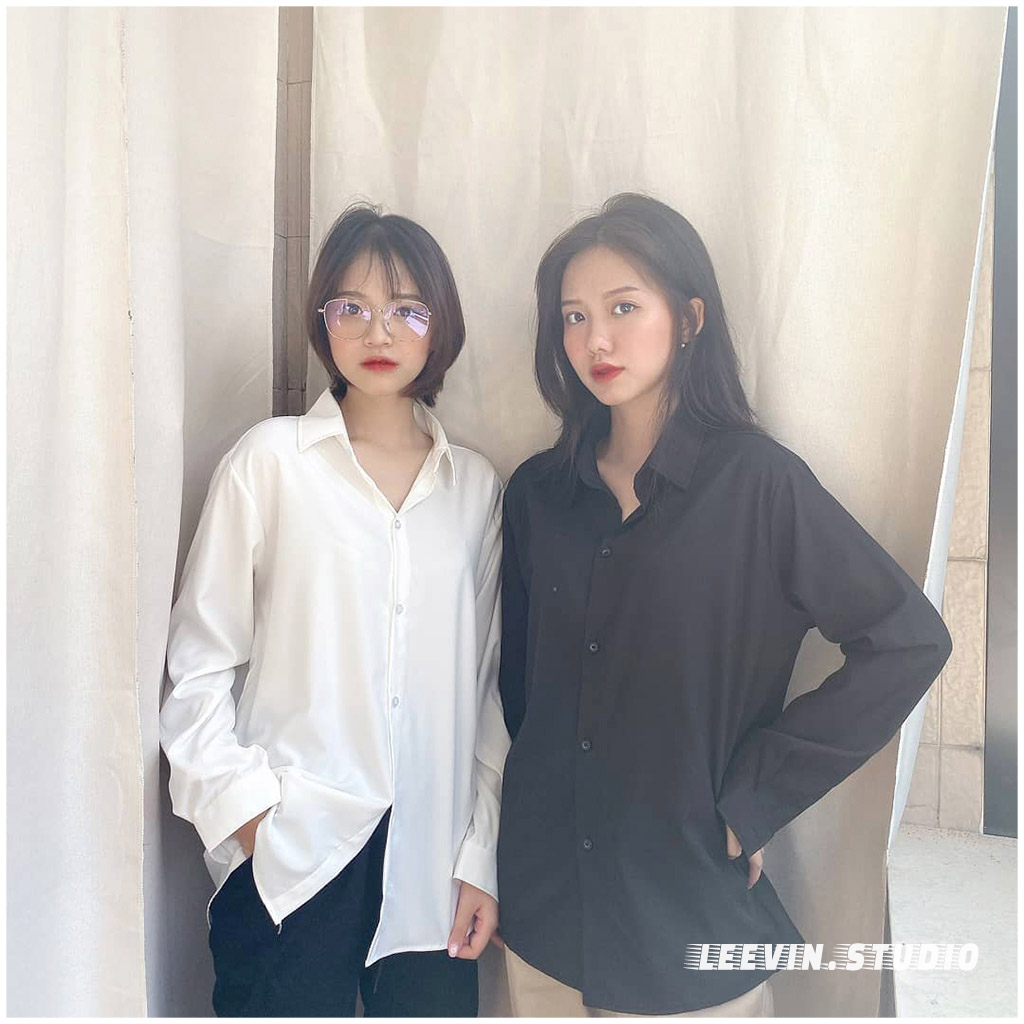 Áo sơ mi nữ Dài Tay TRƠN UNISEX Form Rộng Trắng / Đen - Áo sơ mi nam BASIC SHIRTS [SI-TR01] Leevin Store