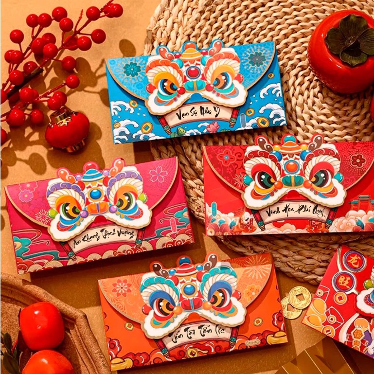 Xấp 3 Bao Lì Xì Đầu Kỳ Lân Dạng Phong Thư Cao Cấp 2025