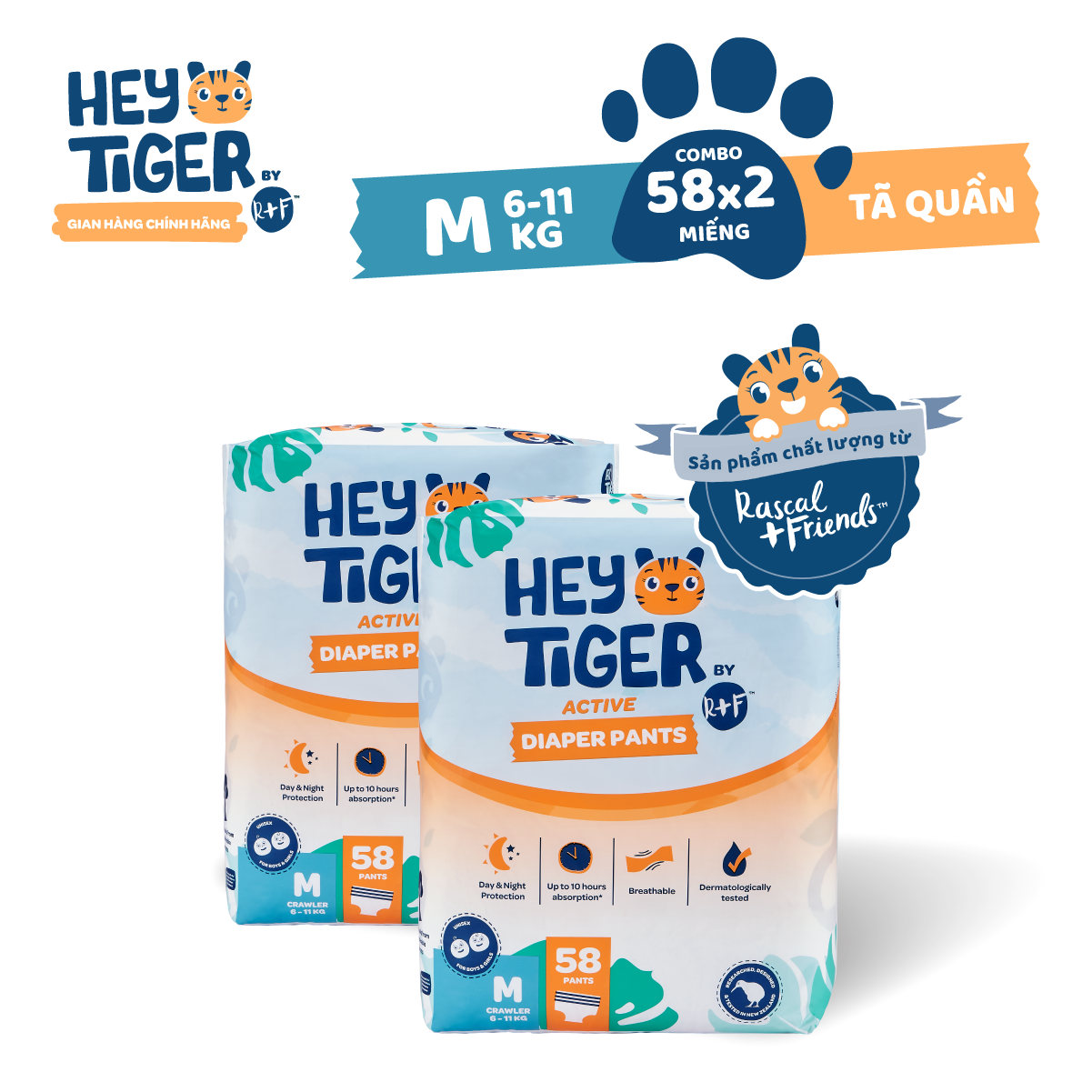 Combo 2 tã/bỉm quần hey tiger jumbo size m 6-11kg 58 miếng x2 bịch