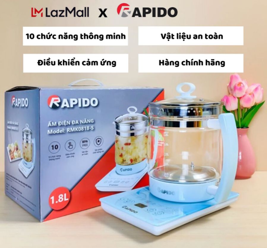 Ấm điện đa năng rapido 1.8l - ấm đun nước 12 chức năng nấu, chế độ hẹn giờ, thủy tinh chống sốc nhiệt - hàng chính hãng