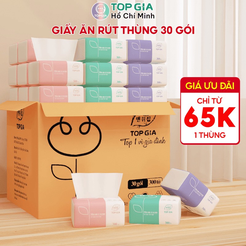 Giấy ăn rút thùng 30 gói, Khăn giấy cao cấp Top Gia 4 lớp dày dặn an toàn cho mọi làn da