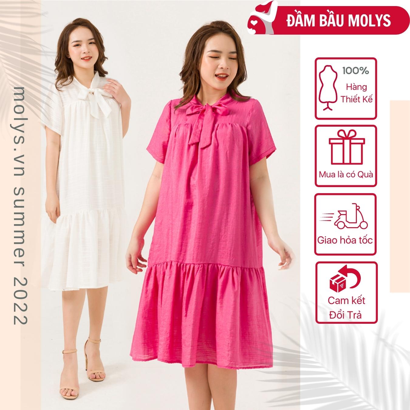 Đầm bầu đẹp cao cấp MOLYS M2461 suông đuôi cá cổ buộc nơ voan đũi ánh nhũ đủ size đến hết thai kỳ