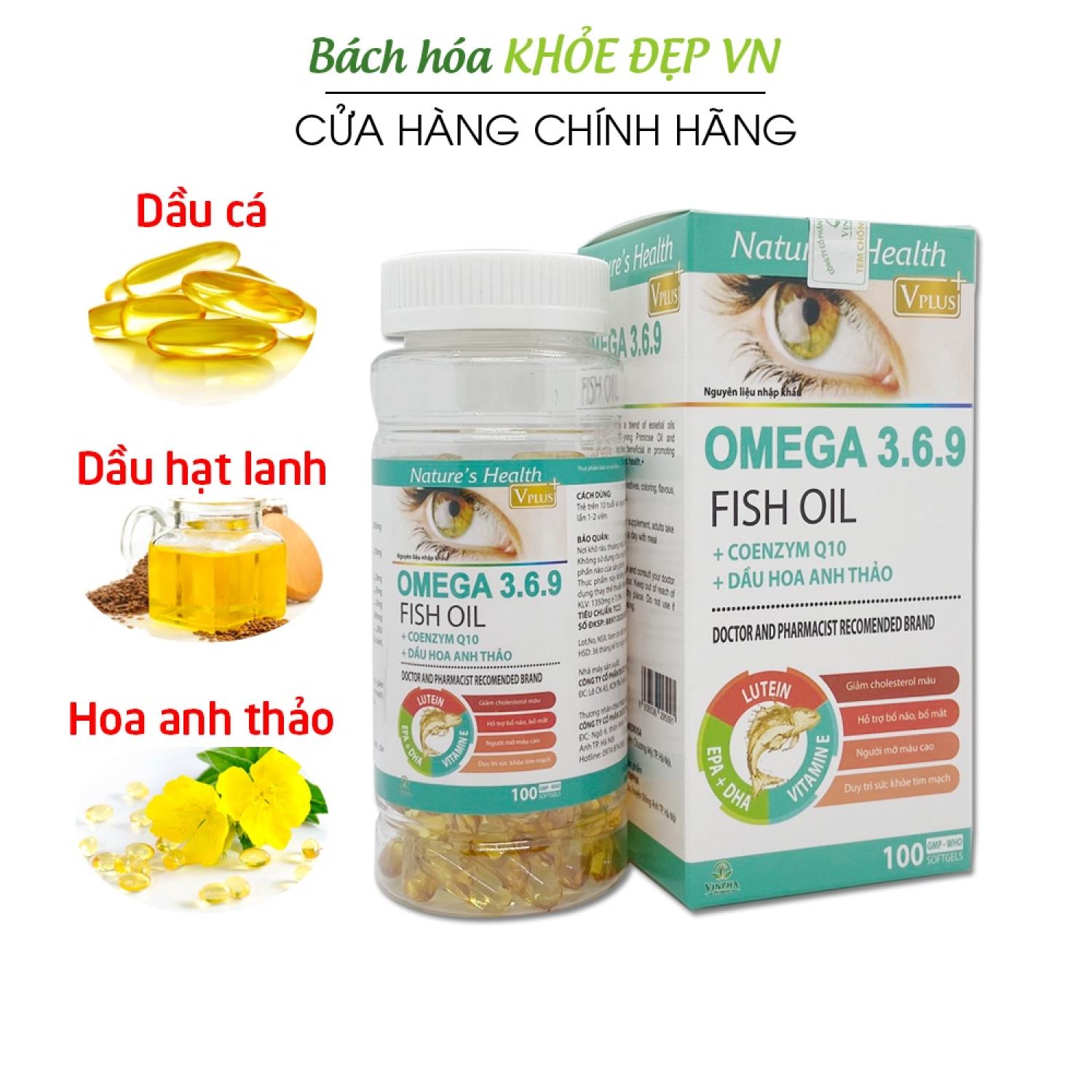 Viên dầu cá Omega 3 6 9 Dầu hạt lanh, dầu gấc, hoa anh thảo - 100 viên