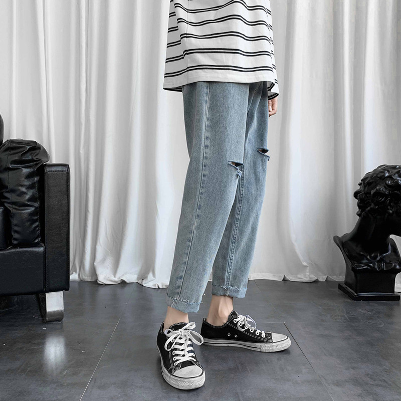 Quần Baggy Nam - Quần Jean Nam Màu Xam Rách Gối - Hotboy hàn quốc  jean wash dày