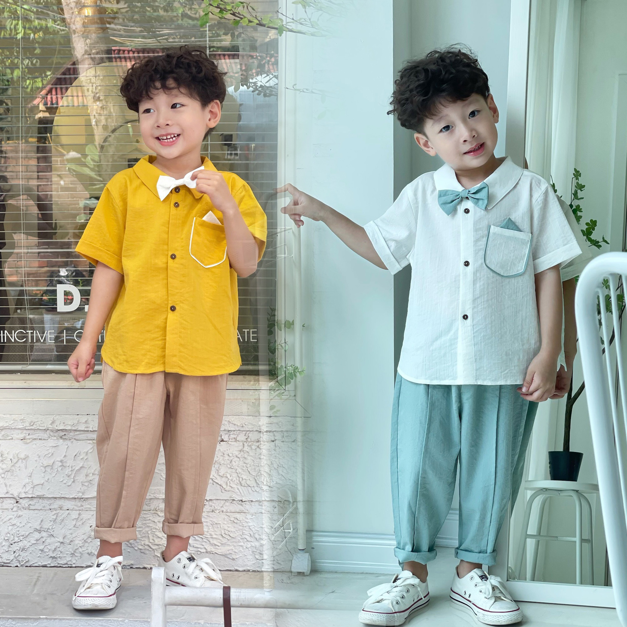 Set đồ bé trai hàn quốc, set sơ mi đũi cho bé trai từ 1 tuổi 7 tuổi Bn004
